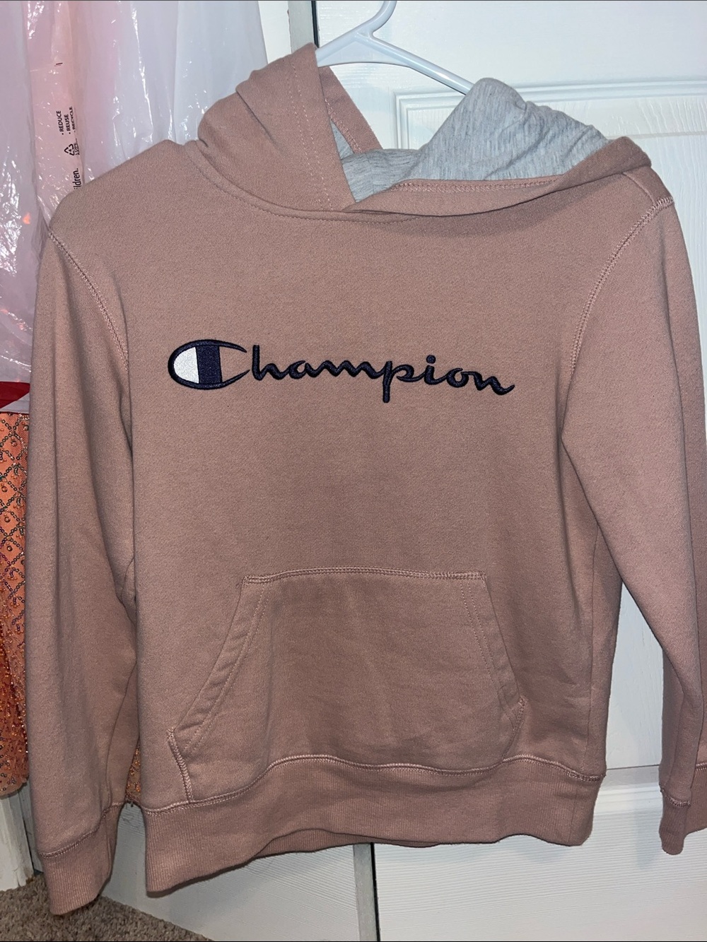 Champion Dusty Rose Hoodie with Gray Hood Lining